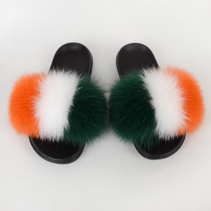 Ireland Flag Women Fluffy Real Fox Fur Slippers Slides Sandals
