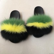 Jamaica Flag Women Fluffy Real Fox Fur Slippers Slides Sandals