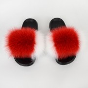 White Red Women Fluffy Slides Real Fox Fur Slippers Poland Flag Pattern