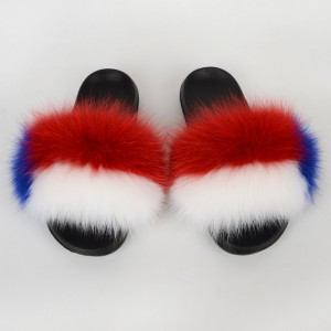 Chile Flag Women Fluffy Real Fox Fur Slippers Slides Sandal