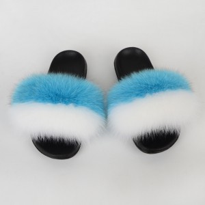 Argentina Flag Women Fluffy Real Fox Fur Slippers Slides Sandals