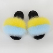 Women Furry Slides Fluffy Real Fox Fur Slippers Flag Pattern