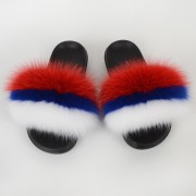Red Blue and White Women Fluffy Real Fox Fur Slippers Slovakia Flag Pattern