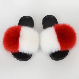 Poland Flag Women Fluffy Real Fox Fur Slippers Slides Sandals