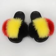 Belgium Flag Women Fluffy Real Fox Fur Slippers Slides Sandals