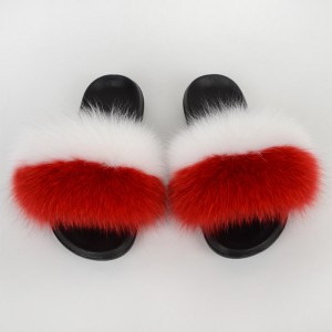 Poland Flag Women Fluffy Real Fox Fur Slippers Slides Sandals