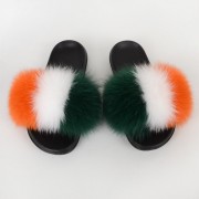 Ireland Flag Women Fluffy Real Fox Fur Slippers Slides Sandals