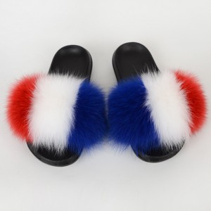 France Flag Women Fluffy Real Fox Fur Slippers Slides Sandals