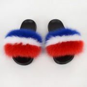France Flag Women Fluffy Real Fox Fur Slippers Slides Sandals