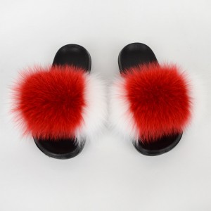 White Red Women Fluffy Slides Real Fox Fur Slippers Poland Flag Pattern
