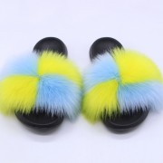 Ukraine Flag Women Fluffy Real Fox Fur Slippers Slides Sandals