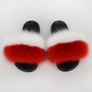 Poland Flag Women Fluffy Real Fox Fur Slippers Slides Sandals