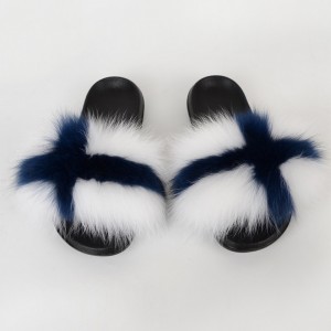 Finnland Flag Women Fluffy Real Fox Fur Slippers Slides Sandals