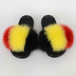 Belgium Flag Women Fluffy Real Fox Fur Slippers Slides Sandals