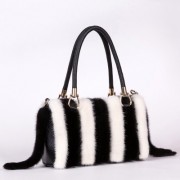 Real Mink Fur+Genuine Leather Women Shoulder Bag Tote Warm Handbags for Girls Ladies
