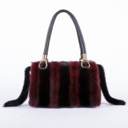 Real Mink Fur+Genuine Leather Women Shoulder Bag Tote Warm Handbags for Girls Ladies